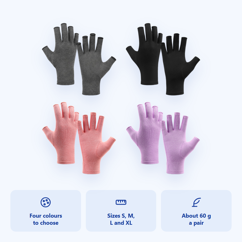 Compression gloves in grey, black, pink and purple, sizes S, M, L and XL
