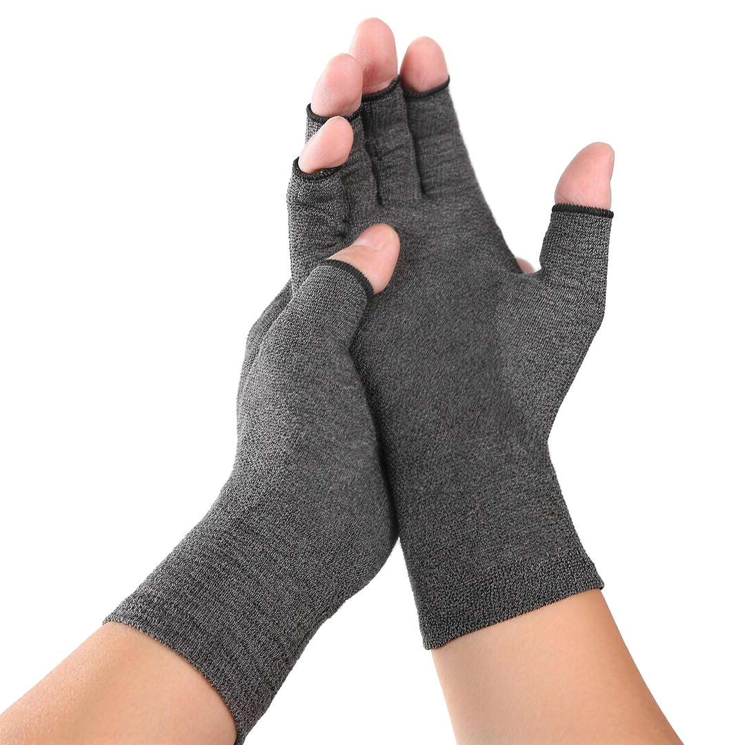 Open fingertip compression gloves in heather grey worn on both hands