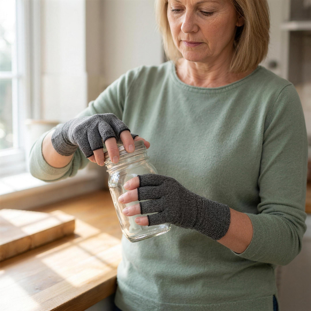 Woman opening a glass jar wearing grey open fingertip compression gloves