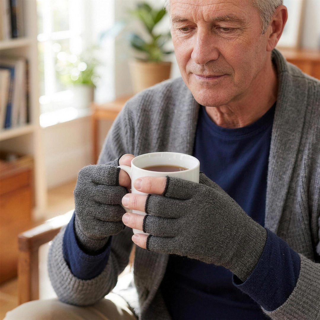 Man holding a mug of tea wearing grey open fingertip compression gloves