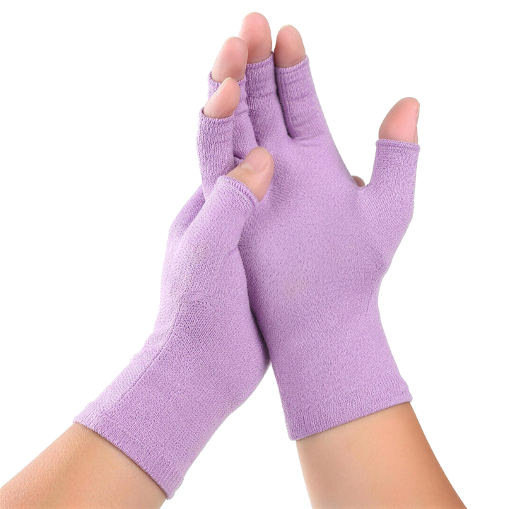 Open fingertip compression gloves in lilac purple worn on both hands