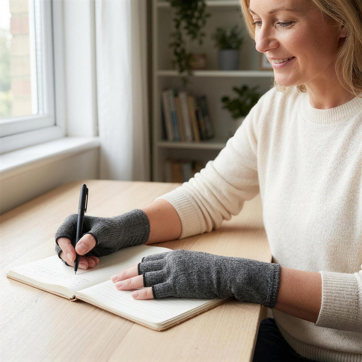 Woman writing in a notebook wearing grey open fingertip compression gloves