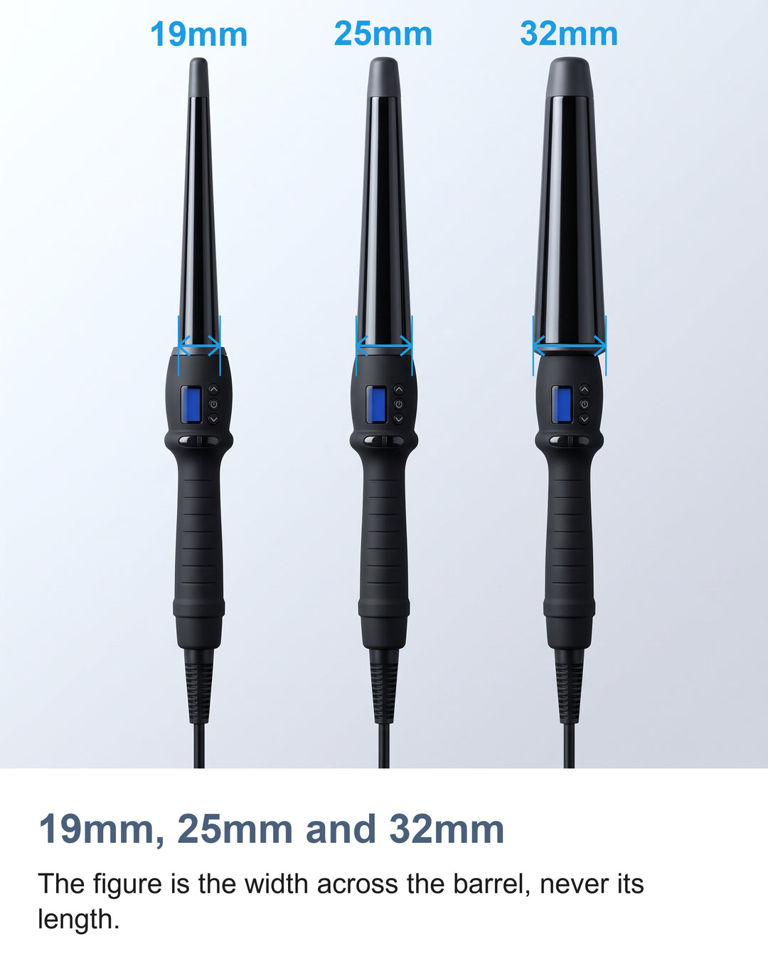The three conical curling wand barrels measured across their widest point, 19mm, 25mm and 32mm