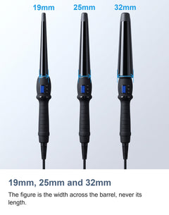 The three conical curling wand barrels measured across their widest point, 19mm, 25mm and 32mm