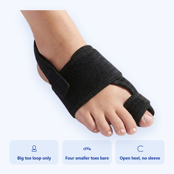 Sits on the big toe and leaves the rest free