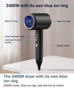 Labelled view of the 2400W ionic hair dryer showing the blue ion ring, cold and hot air switch