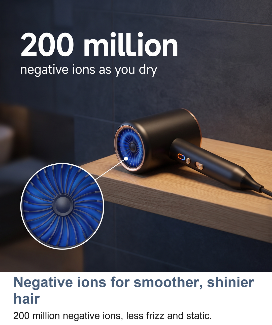 2400W ionic hair dryer with its 200 million negative ions stat