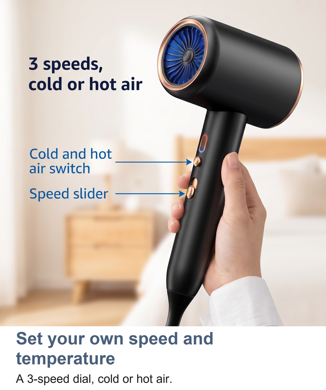 Macro of the speed slider and cold/hot air switch on the ionic hair dryer