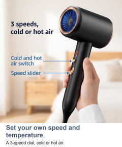 Macro of the speed slider and cold/hot air switch on the ionic hair dryer