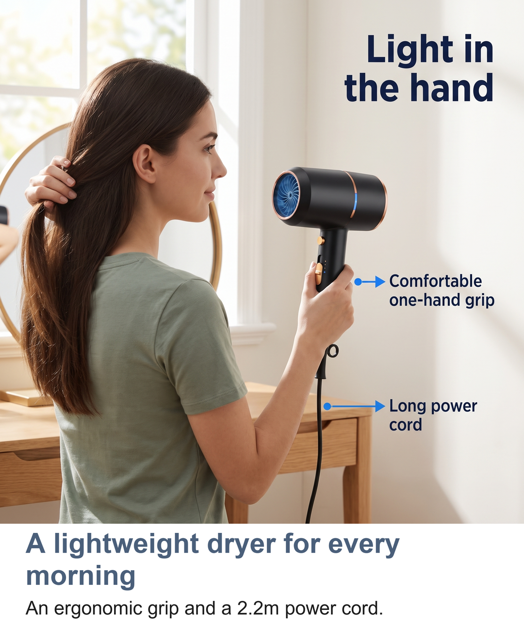 Woman using the lightweight ionic hair dryer with its 2.2m power cord