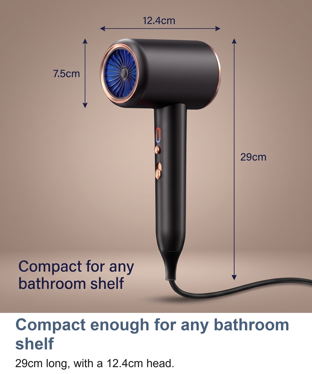 Ionic hair dryer measured at 29cm long with a 12.4cm wide head