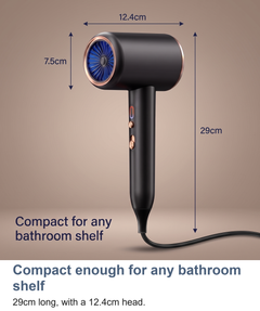 Ionic hair dryer measured at 29cm long with a 12.4cm wide head