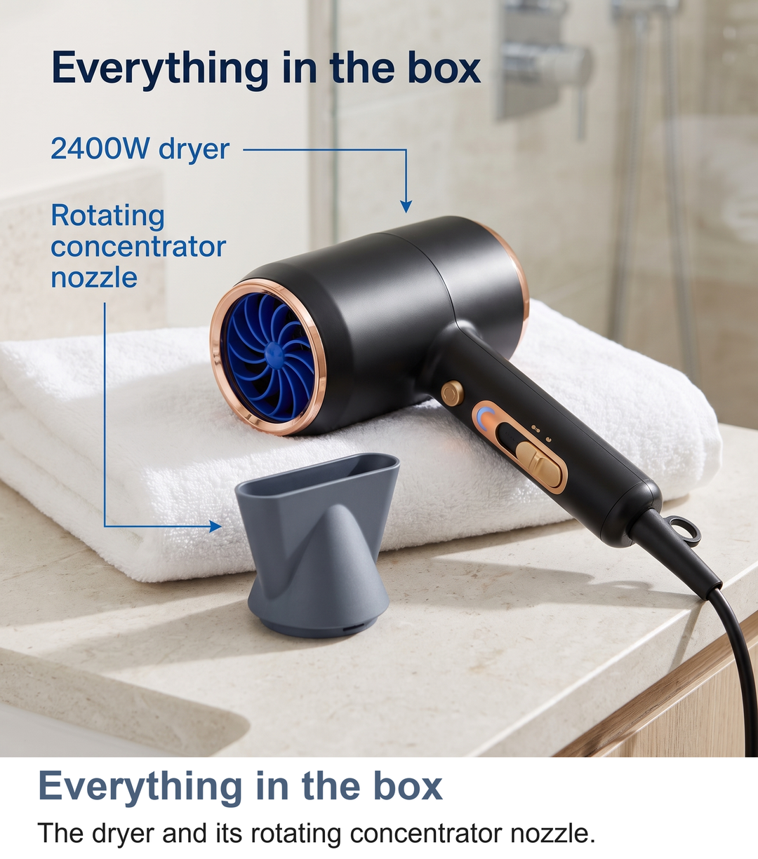 Everything in the box: the 2400W ionic hair dryer and its rotating concentrator nozzle