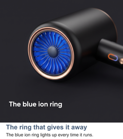 Macro of the glowing blue ion ring on the hair dryer nozzle
