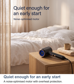 Ionic hair dryer used in the early morning, showing its noise-optimised motor