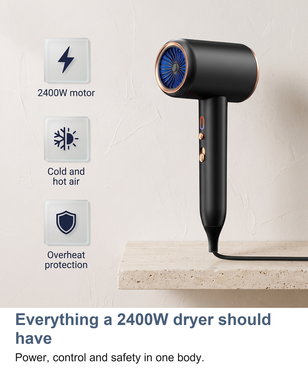 Feature tiles for the ionic hair dryer: 2400W motor, cold and hot air, overheat protection
