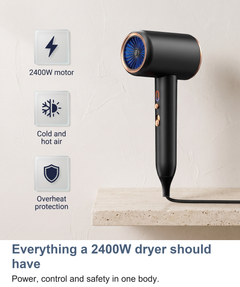 Feature tiles for the ionic hair dryer: 2400W motor, cold and hot air, overheat protection