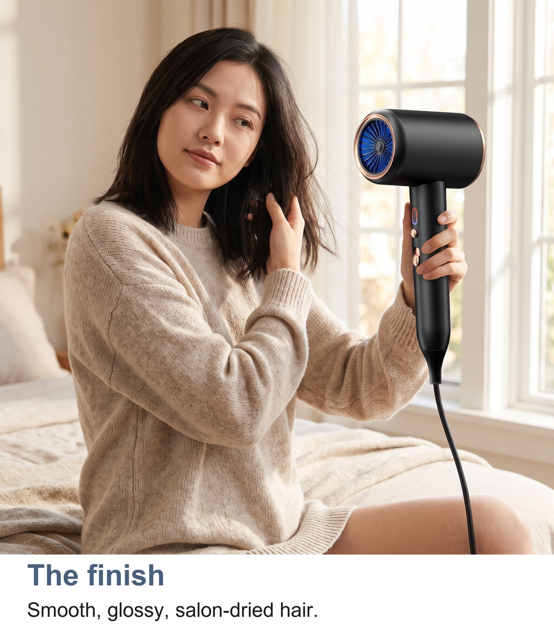 Finished smooth, glossy, salon-dried hair using the ionic hair dryer