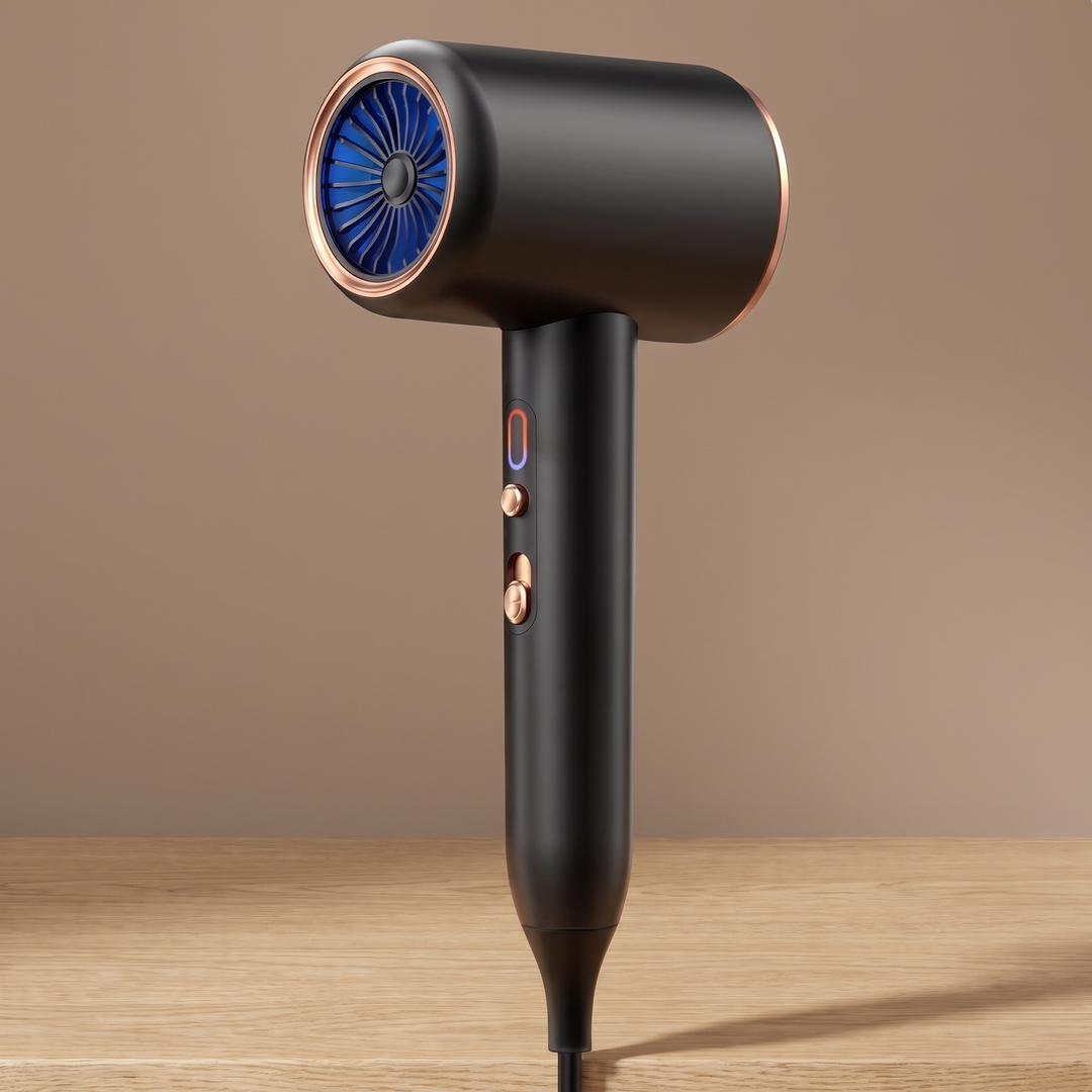 Black 2400W ionic hair dryer with a blue ion ring
