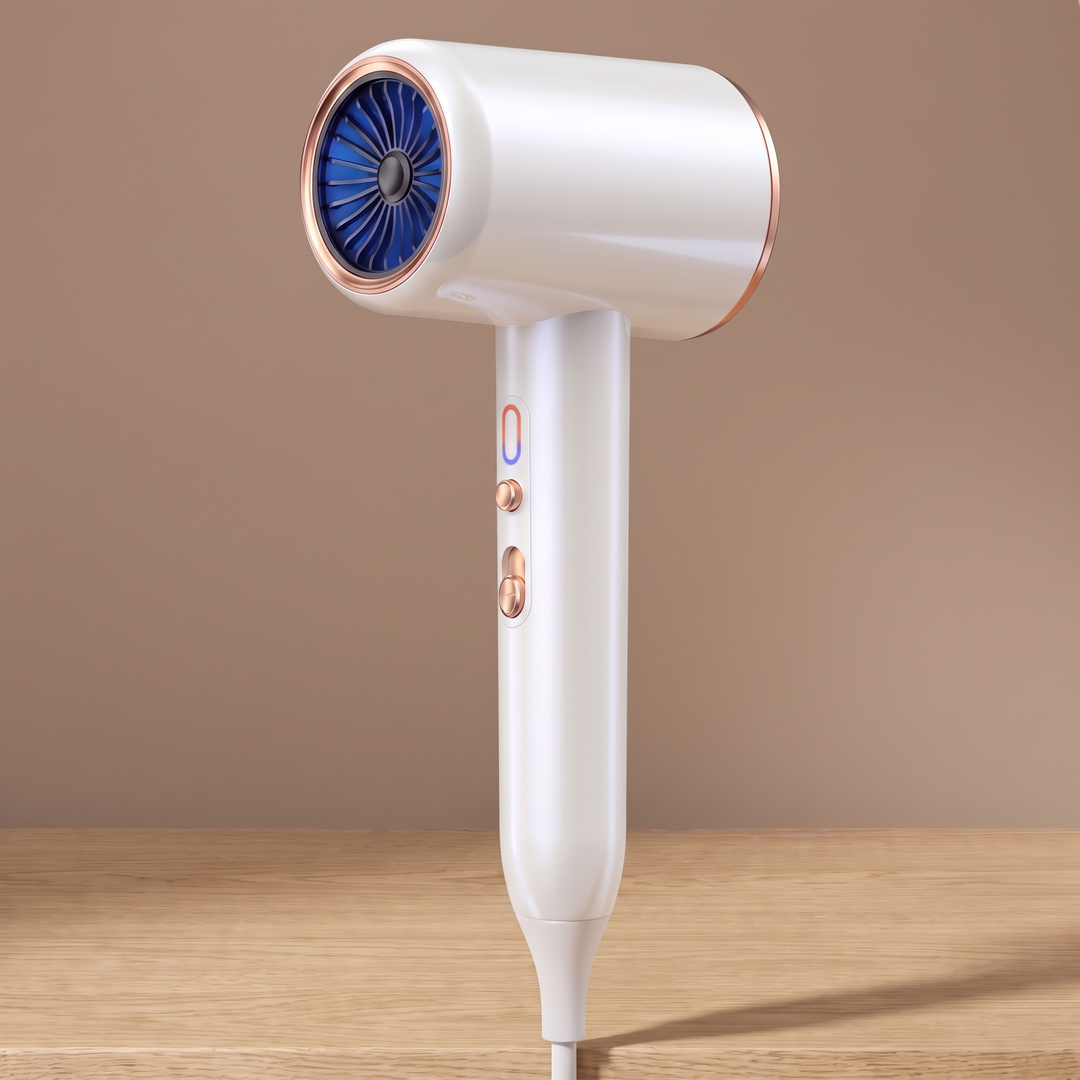 White 2400W ionic hair dryer with a blue ion ring