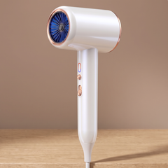 White 2400W ionic hair dryer with a blue ion ring