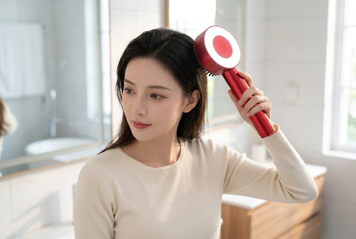 Woman using the scalp massage comb at the bathroom mirror in the morning
