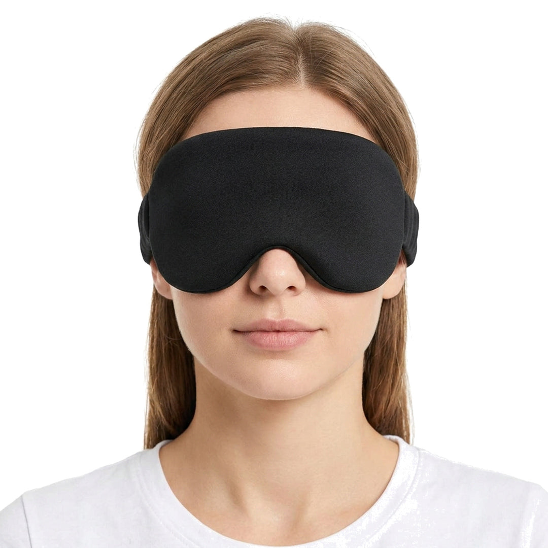 Blackout sleep eye mask worn, wide black memory foam band