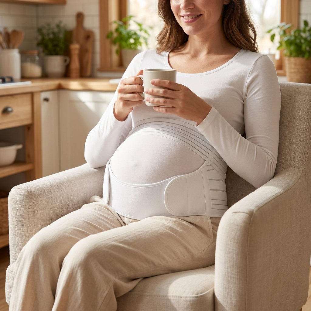 Woman sitting at home wearing the breathable maternity band