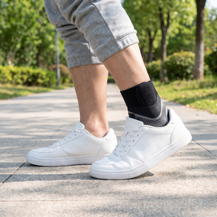 Ankle brace worn with a trainer