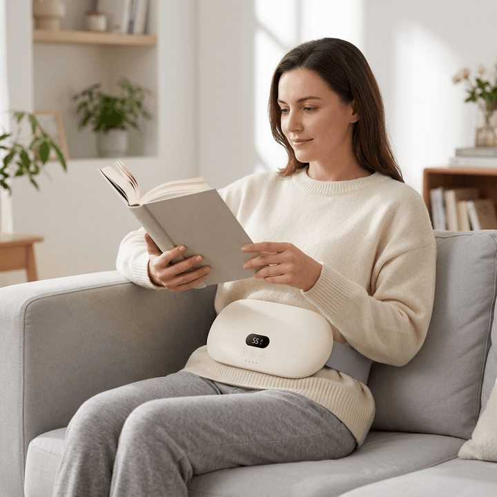 Cordless heated waist belt worn on the sofa at home