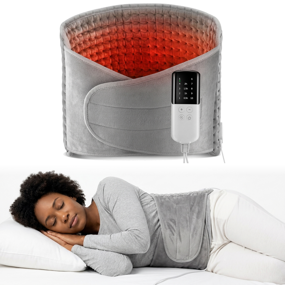 Grey plush electric heating pad belt with red warm interior and 10 level controller, and a woman asleep on her side wearing the belt around her waist
