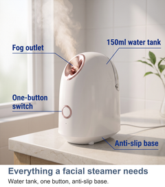 Labelled view of the facial steamer showing the fog outlet, 150ml water tank, one-button switch and anti-slip base