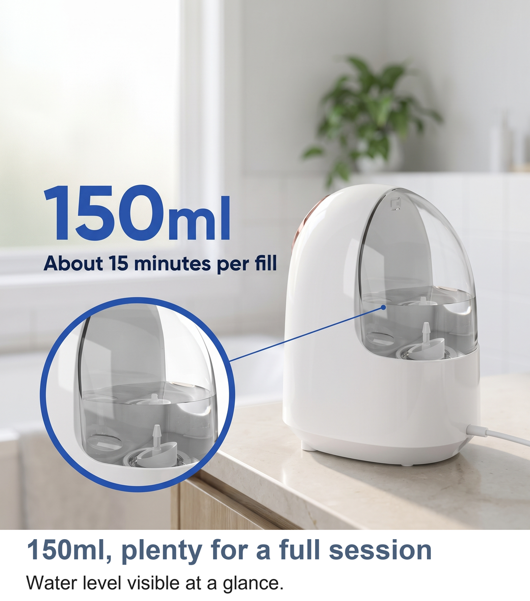 The facial steamer with a zoom on its 150ml transparent tank, about 15 minutes per fill