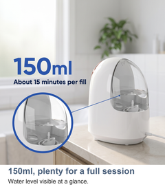 The facial steamer with a zoom on its 150ml transparent tank, about 15 minutes per fill