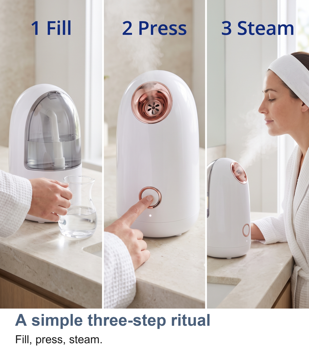 Three steps to use the facial steamer: fill, press, steam