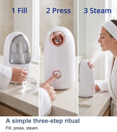 Three steps to use the facial steamer: fill, press, steam