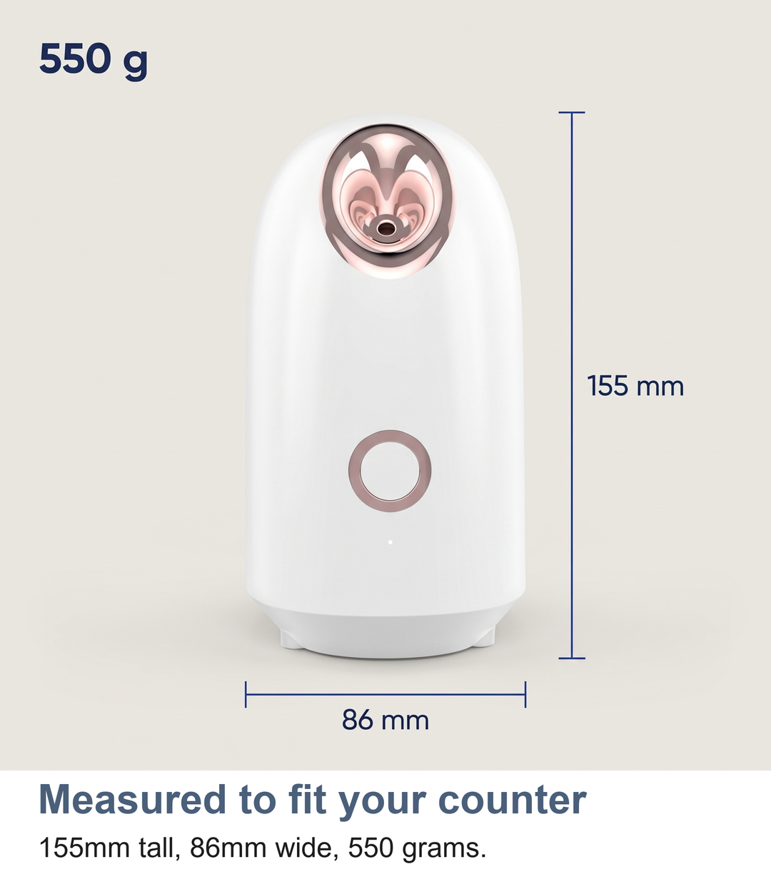 Facial steamer with its dimensions labelled, 155mm tall, 86mm wide, 550 grams