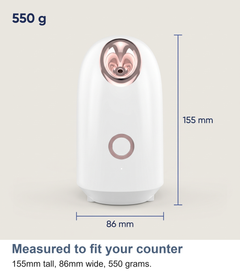Facial steamer with its dimensions labelled, 155mm tall, 86mm wide, 550 grams