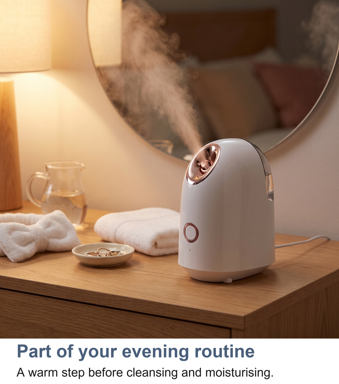 Facial steamer on a dressing table as part of an evening skincare routine