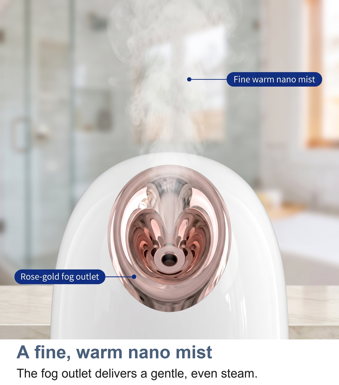 Macro of the facial steamer's fog outlet releasing a fine warm nano mist