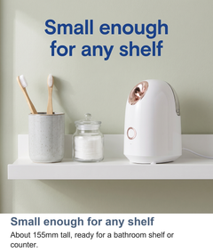 Facial steamer sitting on a small bathroom shelf