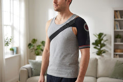 Man wearing the shoulder support at home