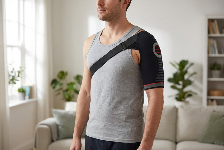 Man wearing the shoulder support at home