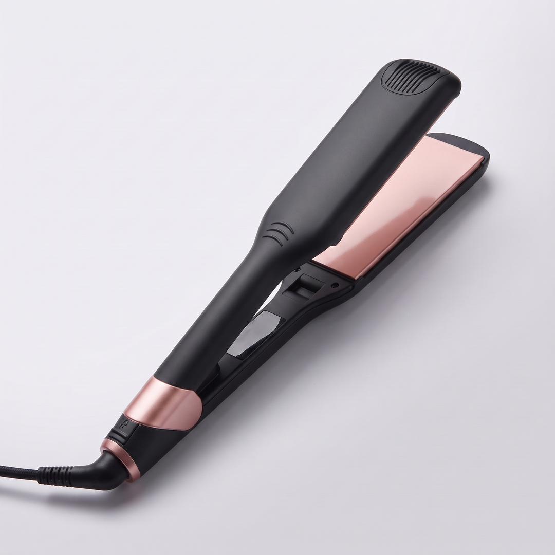 Black wide plate hair straightener with rose gold plates