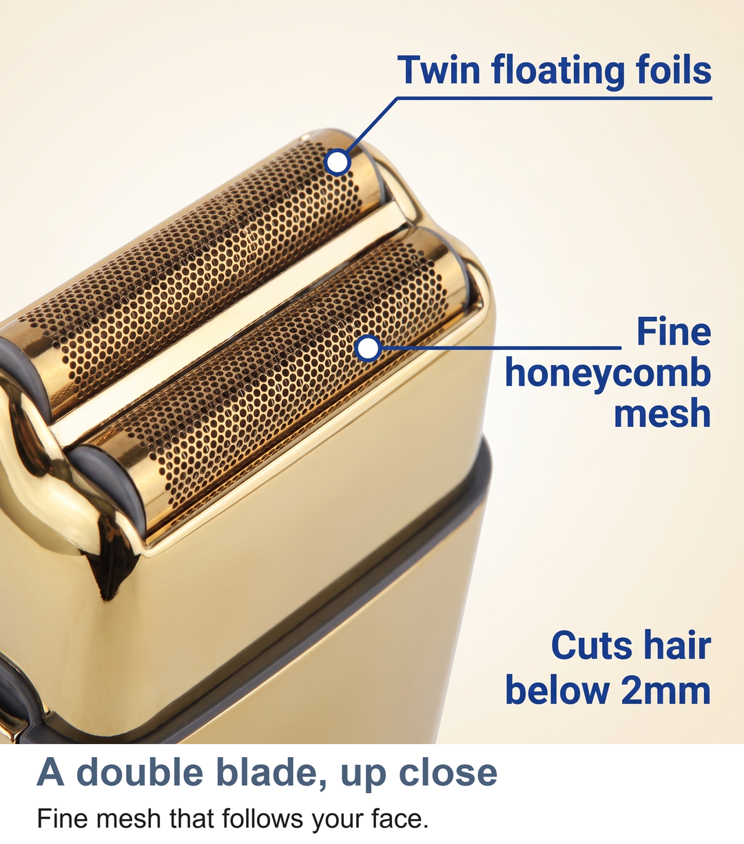 Macro of the foil shaver's double blade mesh head that follows the contours of the face