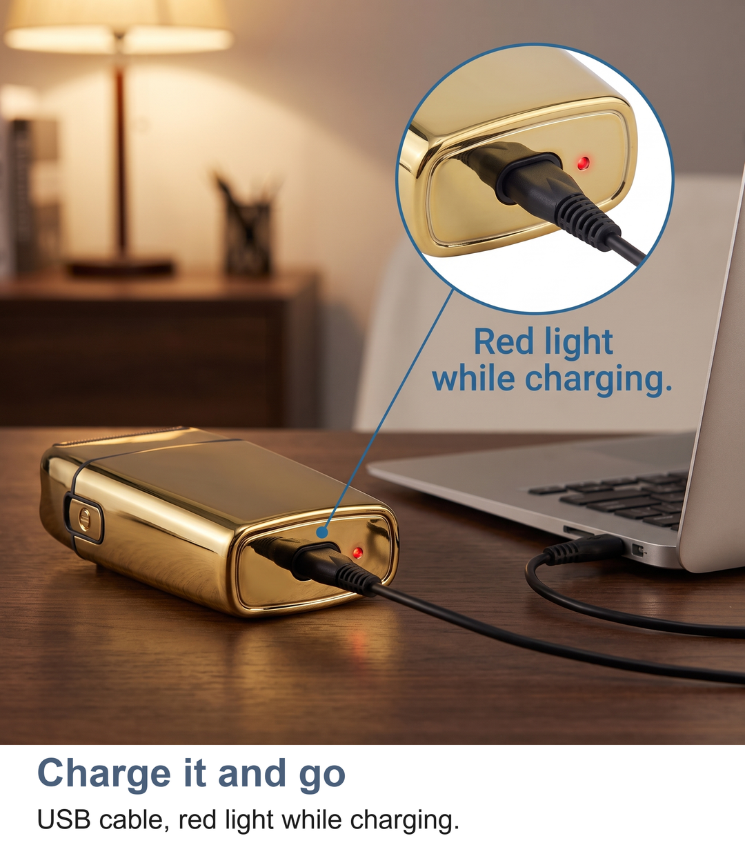 Foil shaver charging by USB with the red charging light on