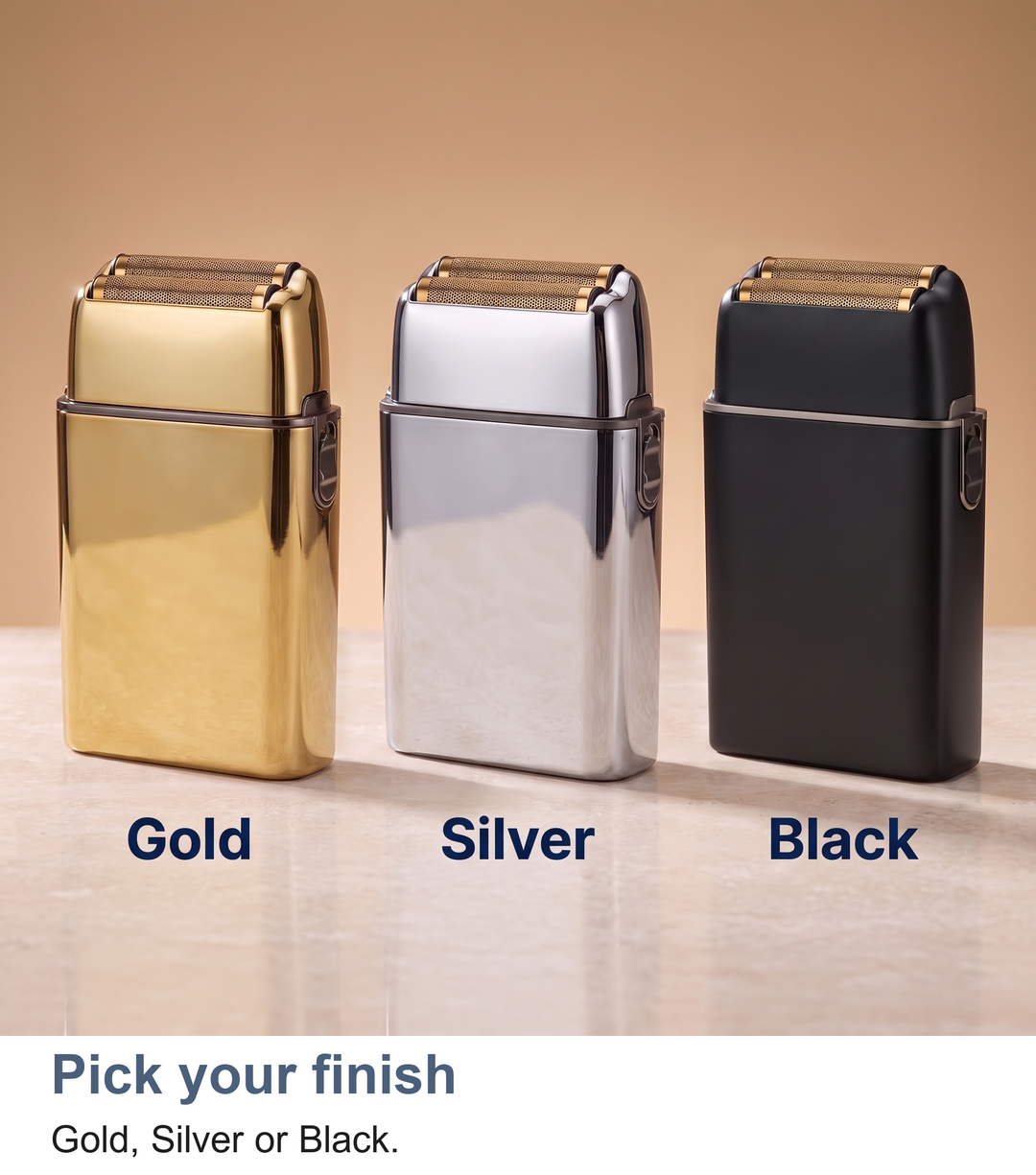 Foil shaver in Gold, Silver and Black standing side by side
