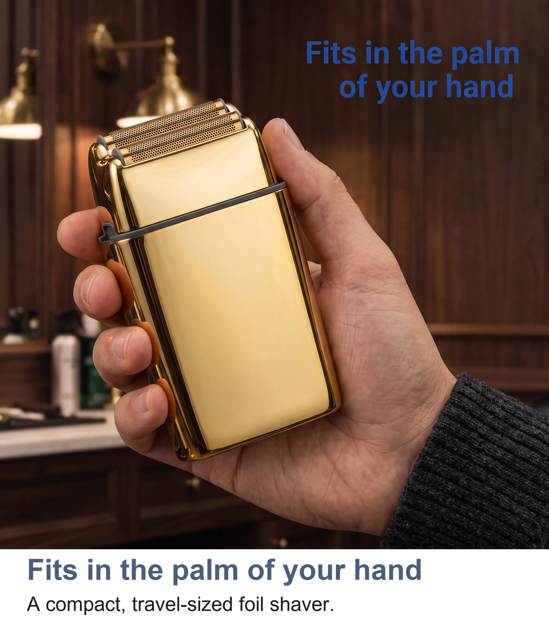 Foil shaver held in a hand showing it fits in the palm