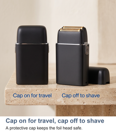 Foil shaver with its protective cap on for travel and off to shave