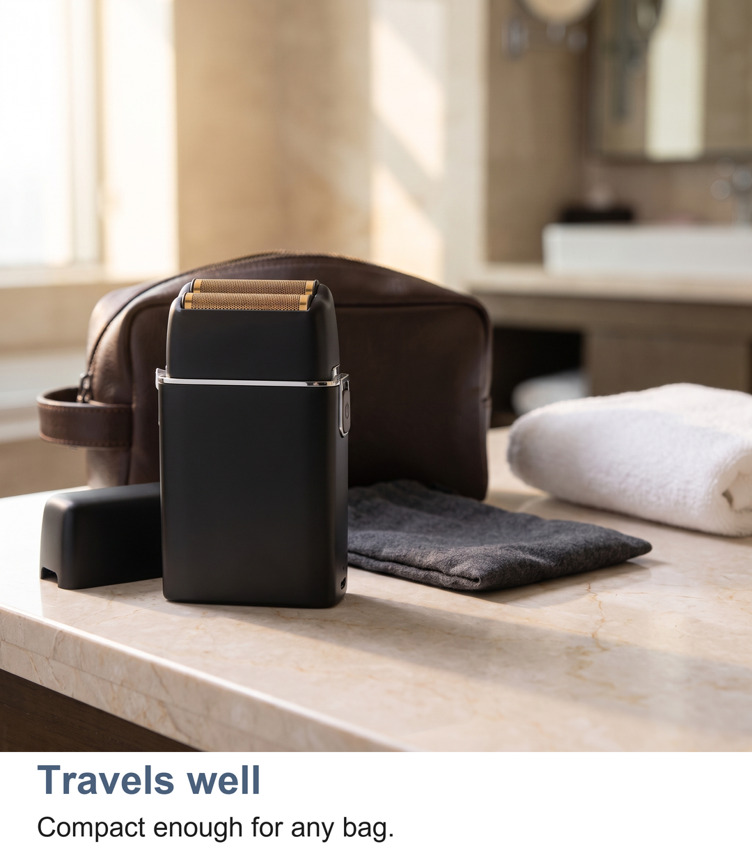Foil shaver packed in a travel wash bag